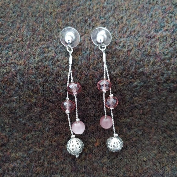 Jewelry - Pink Bead and Silver Ball Drop Dangle Earrings